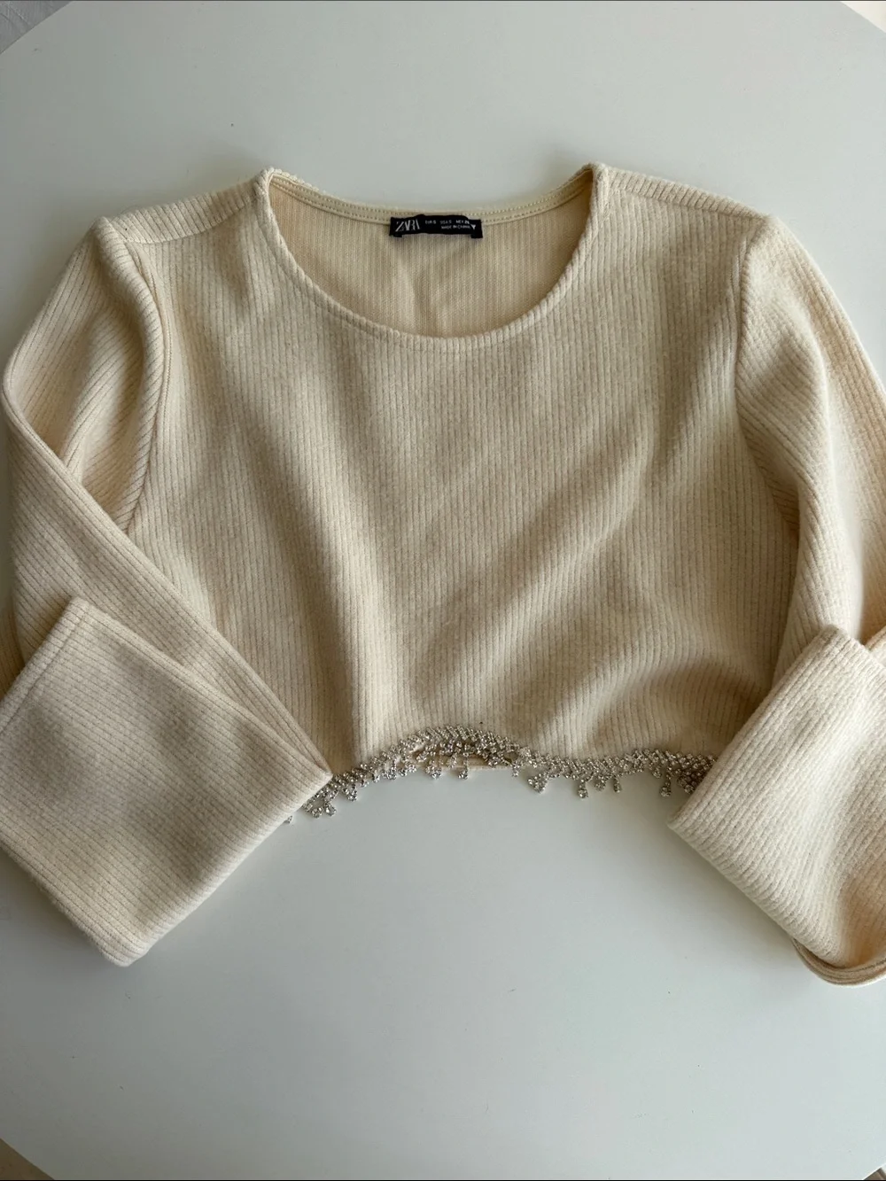 Zara Cream Ribbed Cropped Top with Beaded Trim